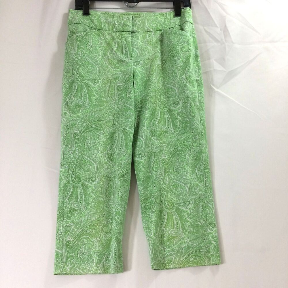 Talbots Petites 8P Green Paisley Cropped Pants Cotton Stretch Summer